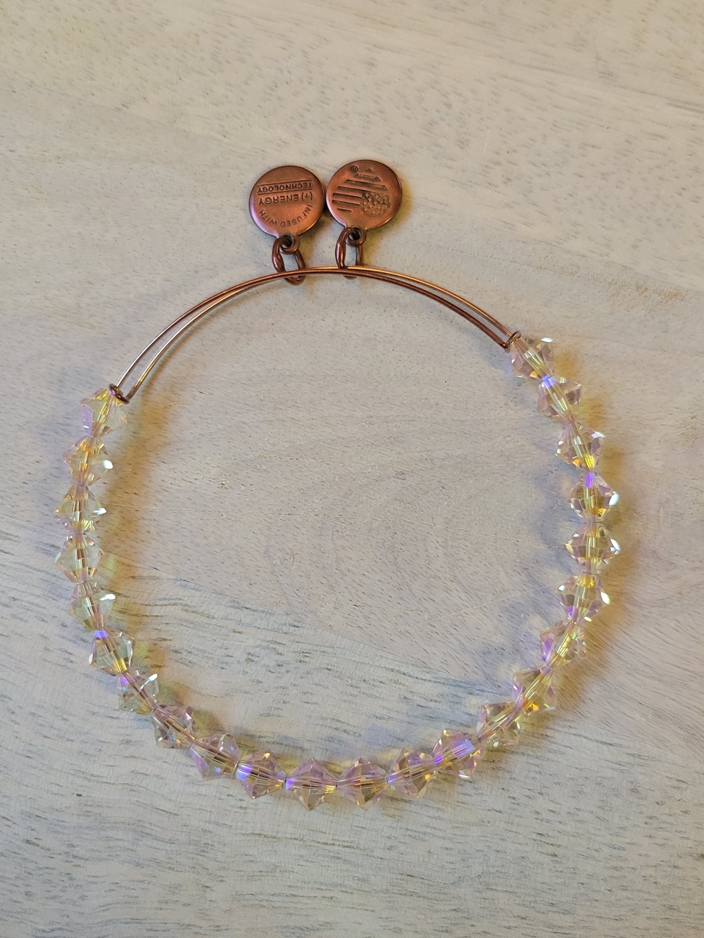 Alex and Ani Rose Gold Tone Bangle with Iridescent Pink Beads
